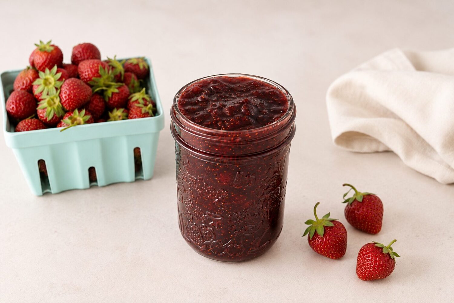 Pot de confiture au fraises maison avec un panier de fraises fraîches